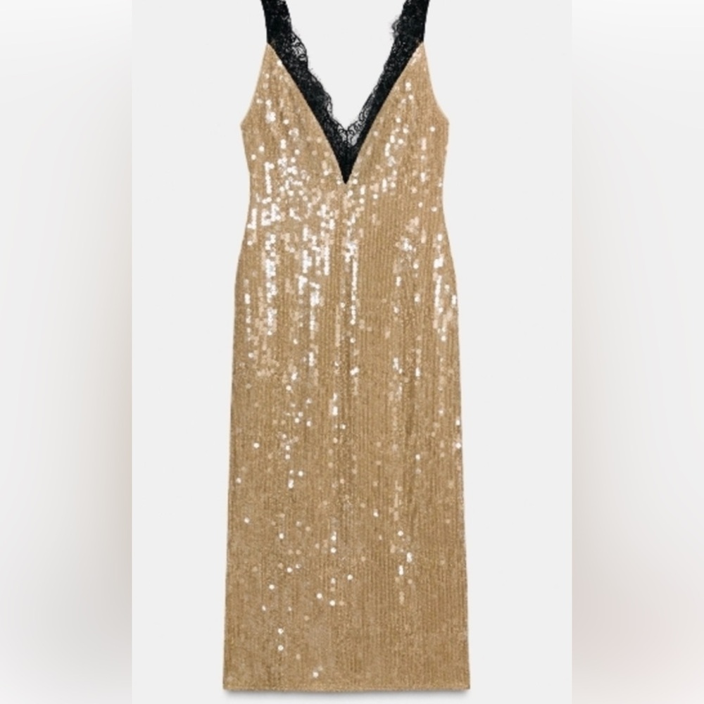 Zara Sequin Gold and Black Lace Dress NWT - Picture 4 of 9